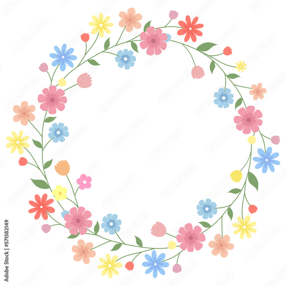 Round frame with colorful flowers and leaves isolated on a white background. Vector illustration.