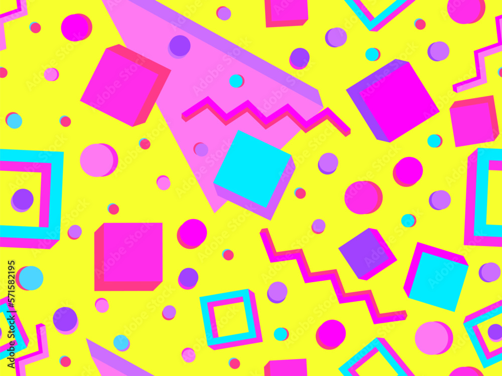 Geometric seamless pattern with 3d shapes in 80s memphis style. Isometric 3D geometric shapes in different colors. Design for printing on paper, banners and wallpapers. Vector illustration Geometric seamless pattern with 3d shapes in 80s memphis style. Isometric 3D geometric shapes in different colors. Design for printing on paper, banners and wallpapers. Vector illustration