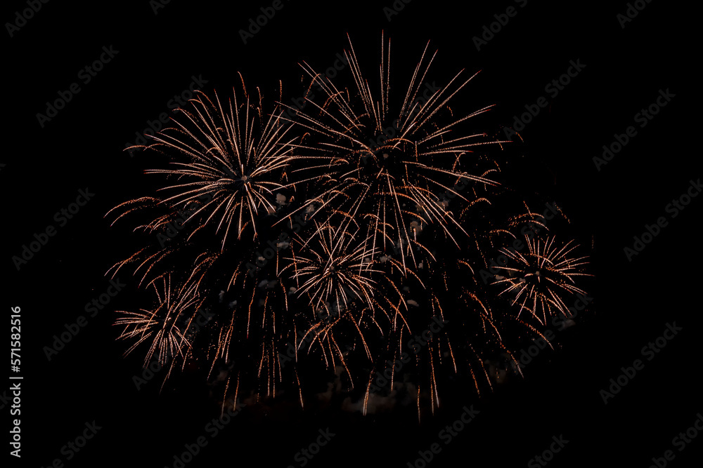 Beautiful abstract pattern with salute fireworks on dark background. 