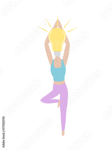 Skinny fit woman doing yoga with a light bulb instead of her head. Yoga helps you relax and clear your mind