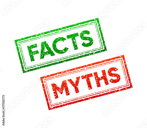 Facts and Myths Rubber Stamps. Stamps for comparison. Symbol accepted and rejected. Vector illustration.