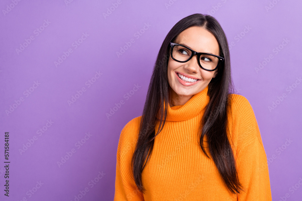 Photo of cheerful satisfied business lady wear smart casual outfit stylish specs look empty space salary offer isolated on violet color background