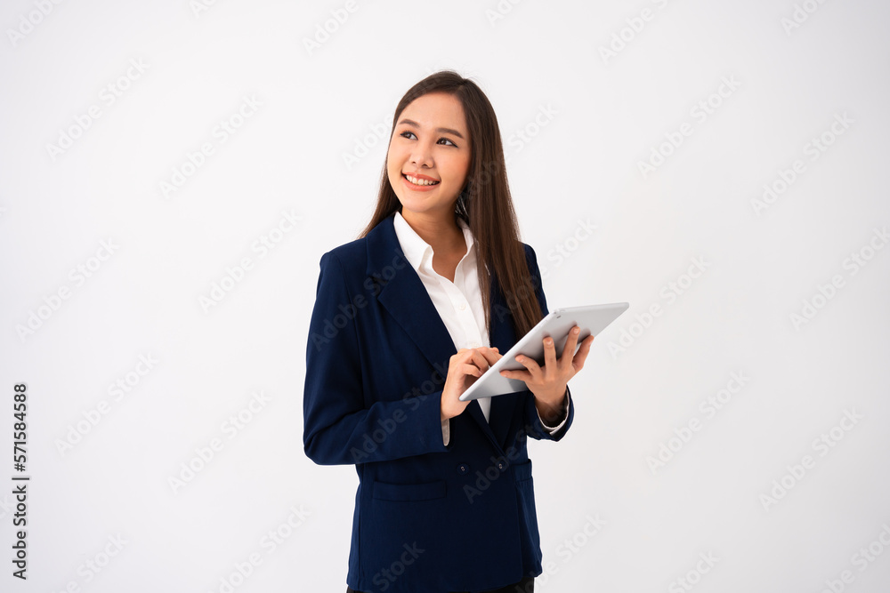 Portrait of happy young thoughtful Asian women think for new ideas and holding tablet on isolated white background. Concept of advertising marketing and product placement. Portrait of happy young thoughtful Asian women think for new ideas and holding tablet on isolated white background. Concept of advertising marketing and product placement.