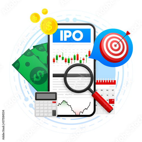 IPO concept. IPO is Initial Public Offering. Company go public in stock market. Investment new stock, businessman, trader, trading stock on IPO. Vector illustration.