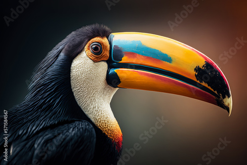 A close up of a toucan, Ramphastidae family, with its vibrant beak and colorful feathers - Generative AI