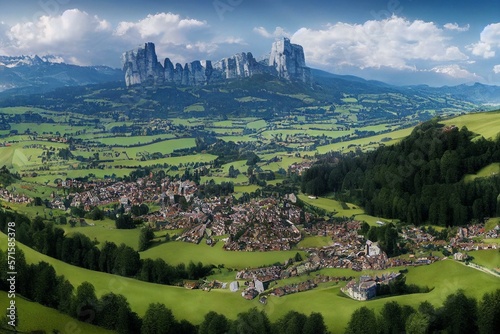 Photo Panorama image of old Swiss town Romont, built on a rock prominence, in Canton Freibourg, Switzerland