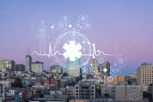 Panoramic cityscape view of San Francisco Nob hill area, sunset, midtown skyline, California, United States. Health care digital medicine hologram. The concept of treatment and disease prevention
