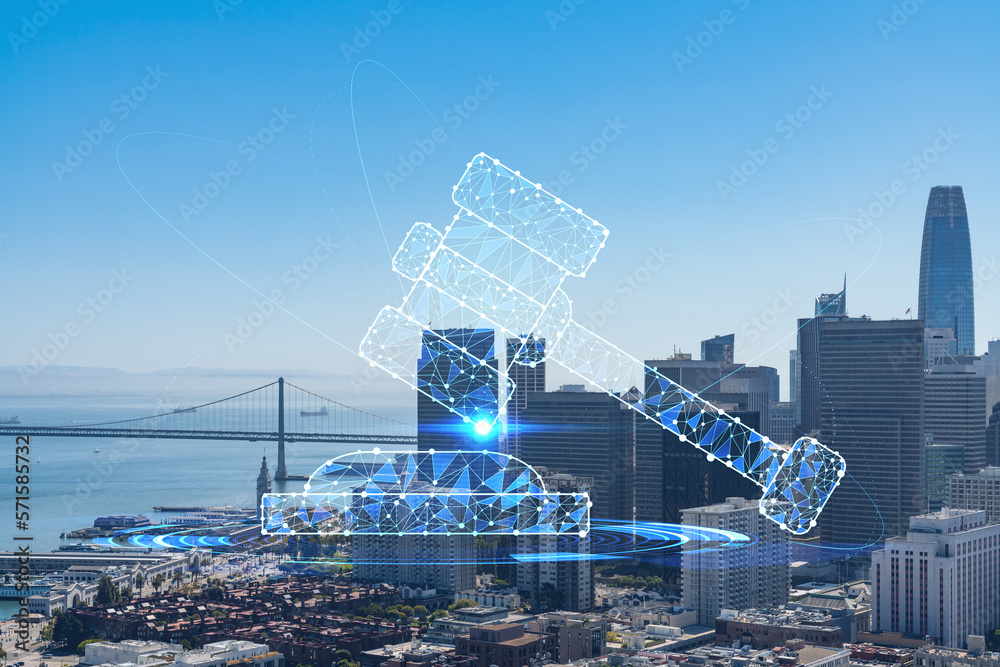 San Francisco skyline from Coit Tower to Financial District and residential neighborhoods, California, US. Glowing hologram legal icons. The concept of law, order, regulations and digital justice