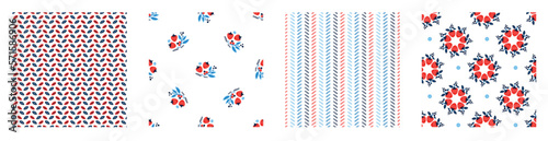 Red and blue folkart quilt vector pattern set. Collection of seamless scandi all over fabric for whimsical patchwork background. 