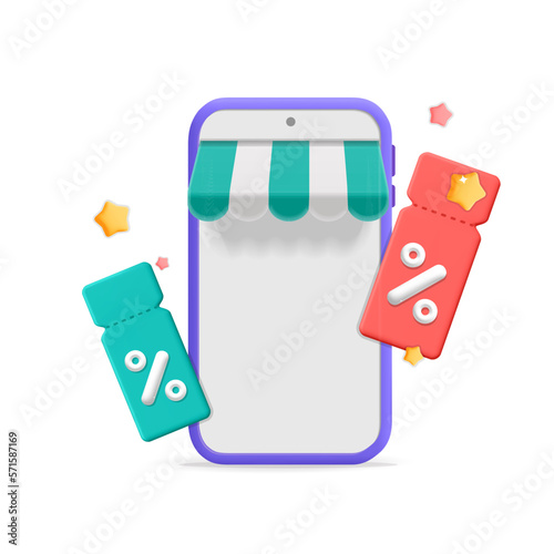 3d vector special offer and discount sale mockup banner template white screen on smartphone and flying coupons voucher tickets with percentage symbol design
