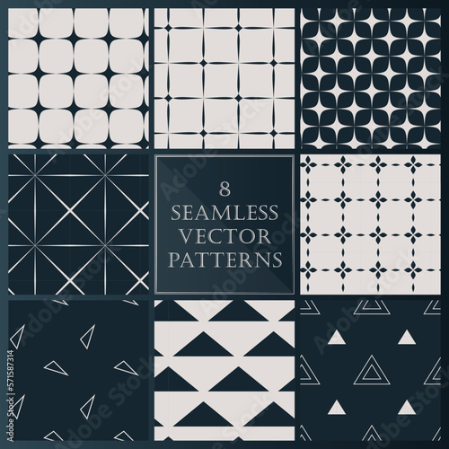 Set of seamless vector patterns with triangle shapes theme and dark blue color palette.
