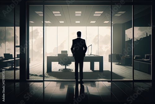 Back view of businessman in modern office. Generative AI. Business concept.