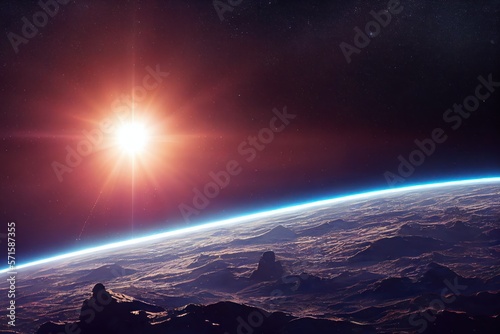 Sunset on unknown planet. Space landscape background. Generative AI © GVS