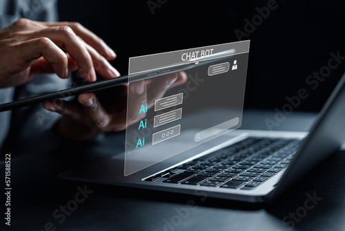 Chat bot intelligence Ai. Businessman using chat in smartphone Chat with AI Artificial Intelligence, developed by OpenAI generate. Futuristic technology, robot in online system.