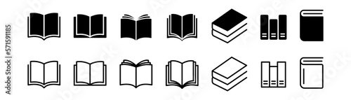Book icon set. Black book icons. Outline book symbol. Library symbol in glyph. Open and closed dictionary set. Education sign. Stock vector illustration