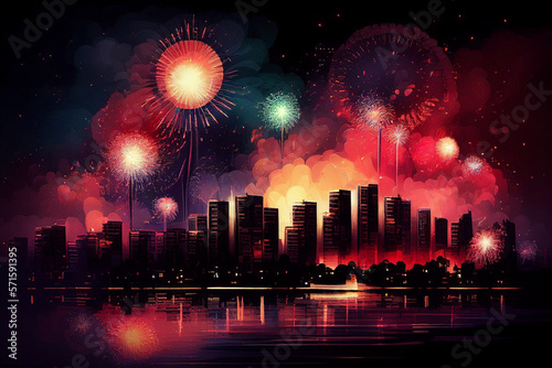 A Night of Colorful Celebrations: The New Year's Fireworks Light Up the City. Generative Ai © FutureVisions