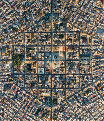 Panoramic aerial view of Avola old town, a small town with geometrical shapes in Syracuse province, Sicily, Italy.