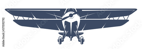 Light aviation emblem with biplane, vintage airplane wit double wing, propeller aircraft front view logo, vector