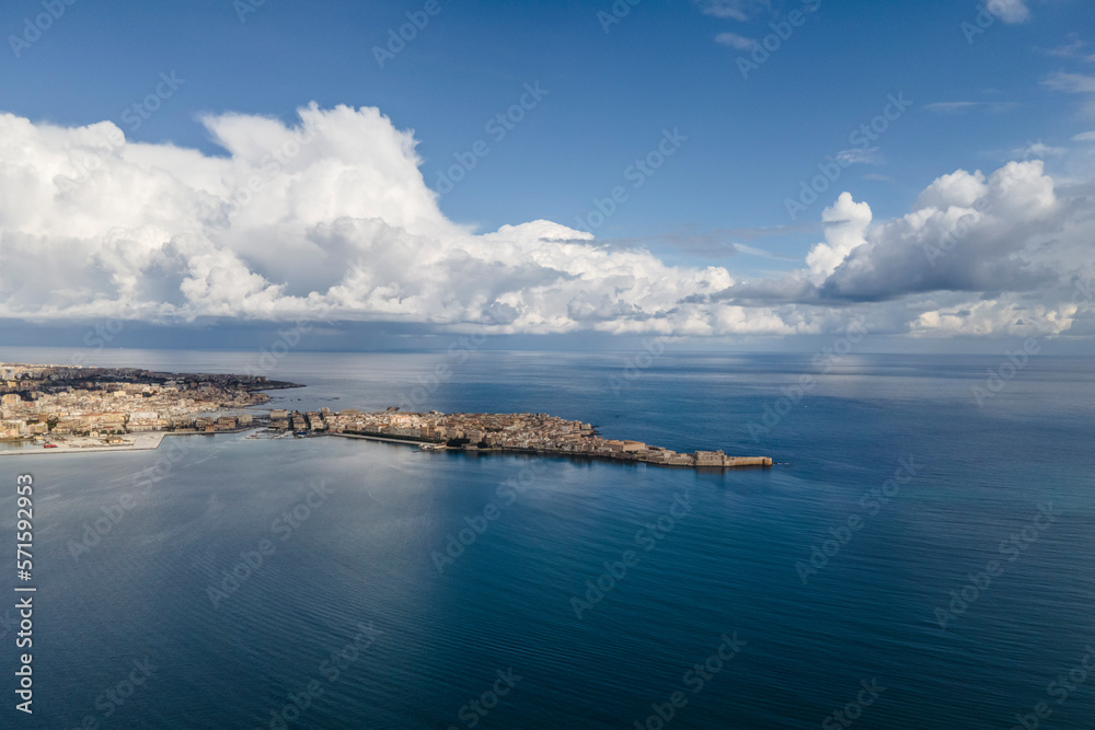 Aerial view of Ortigia island in Syracuse, Sicily, Italy.