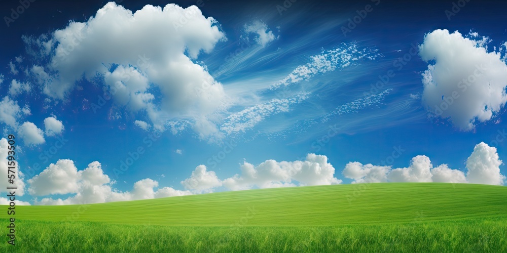 Green grass field on small hills and blue sky with clouds. Generative AI
