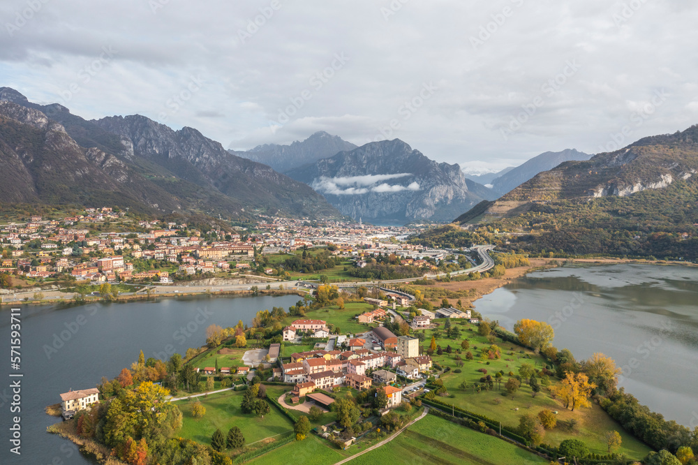 Aerial view of Isella, a small village on Annone Lake, Lecco, Italy. Aerial view of Isella, a small village on Annone Lake, Lecco, Italy.