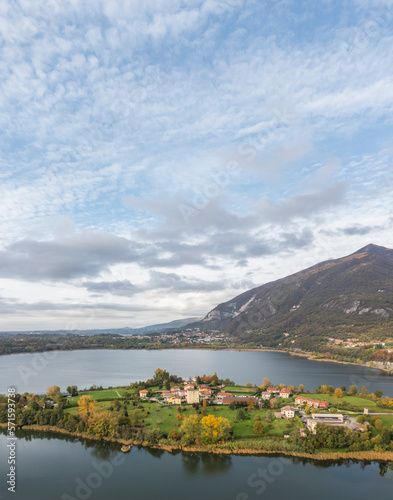 Aerial view of Isella, a small village on Annone Lake, Lecco, Italy. photo