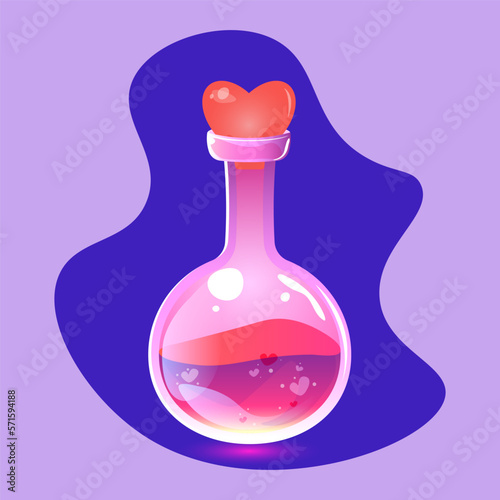 love potion.Chemistry glass bulb.Witch alchemy bottle, love vial.Love formula.Marriage love potion.Vector illustration.Aphrodisiac flask.cork in the shape of a heart.
