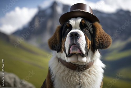 A Saint Bernard dog is a gentle giant in the Swiss Alps, with hat and collar against a majestic mountain background, generative ai