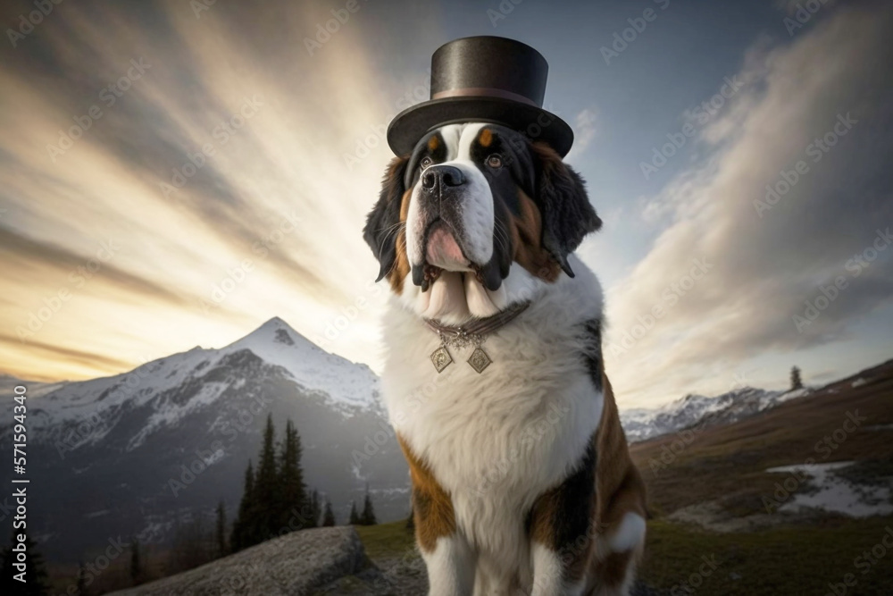 A Saint Bernard dog is a gentle giant in the Swiss Alps, with hat and collar against a majestic mountain background, generative ai