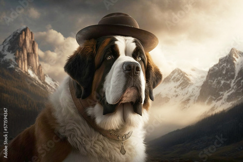 A Saint Bernard dog is a gentle giant in the Swiss Alps, with hat and collar against a majestic mountain background, generative ai photo