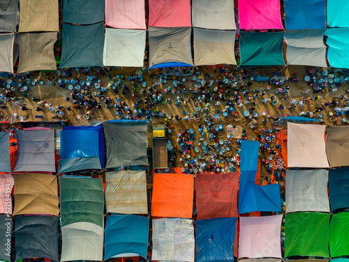 Aerial view of people at local market in Minar Moshjid Tabling for the Global Muslims Congregation in Tongi, Dhaka, Bangladesh. photo