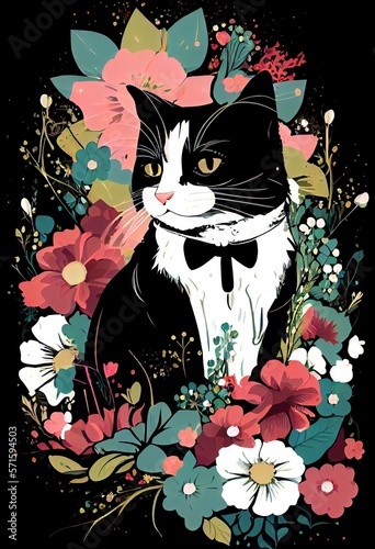 tuxedo cat floral background with lot of colors, art illustration 
generative ai