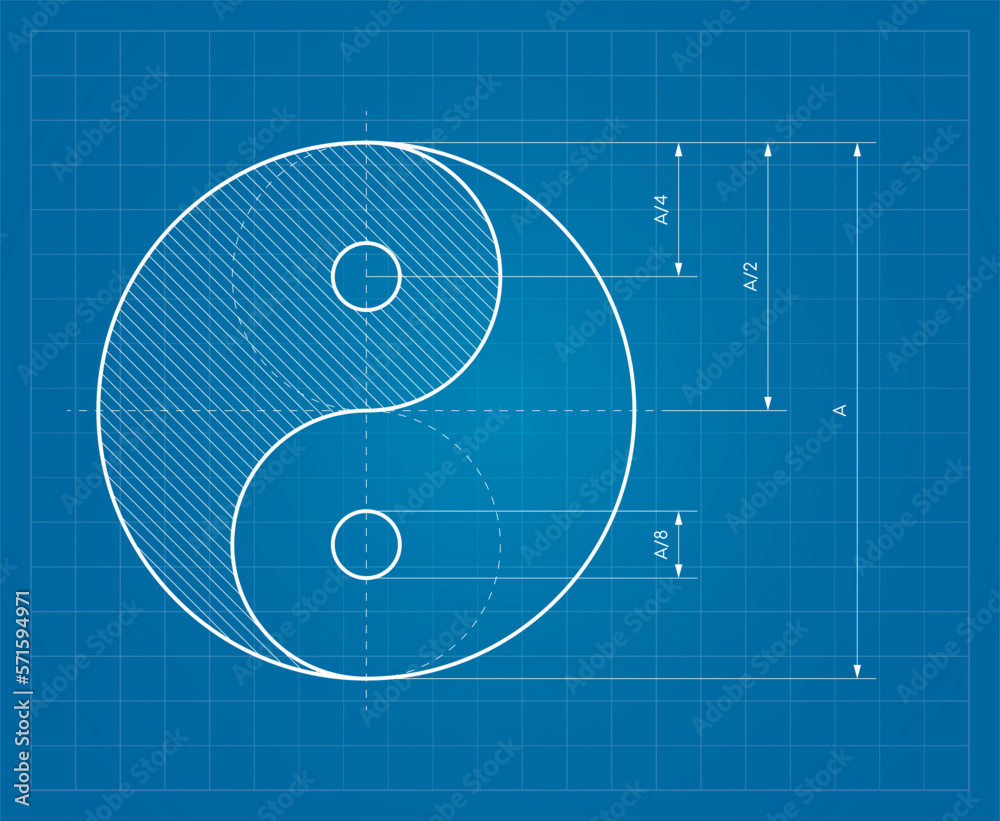Vector blue blueprint of ying and yang symbol. Instructions how to draw