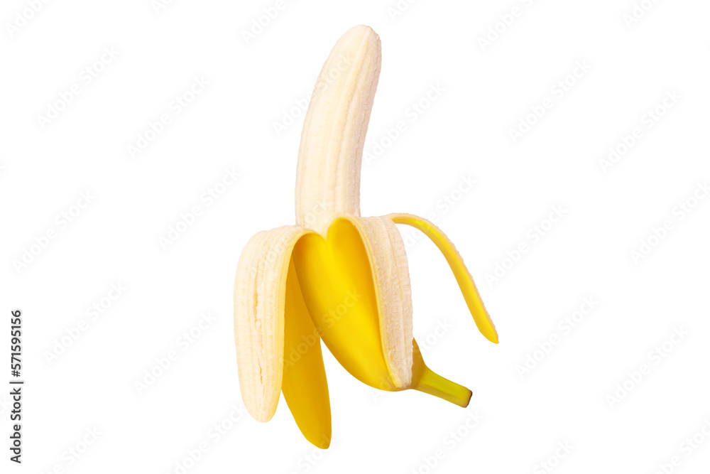 Fresh raw yellow banana peeled open in flight isolated.