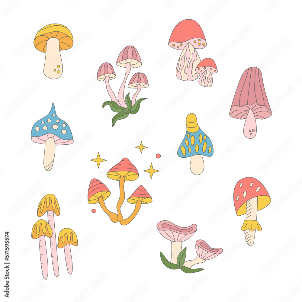 Groovy set of hippie mushrooms doodle style in 60s 70s . Groovy set of hippie mushrooms doodle style in 60s 70s .