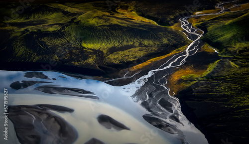 Aerial view of water formation at river estuary in Iceland highlands.