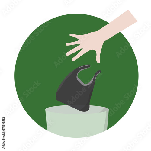 Illustration of man's hand throw black plastic bag thrash in to trash bin in circle green isolated, do no litter sign