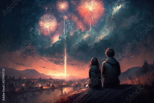 young couple viewing the fireworks while perched on a hill. Generative AI