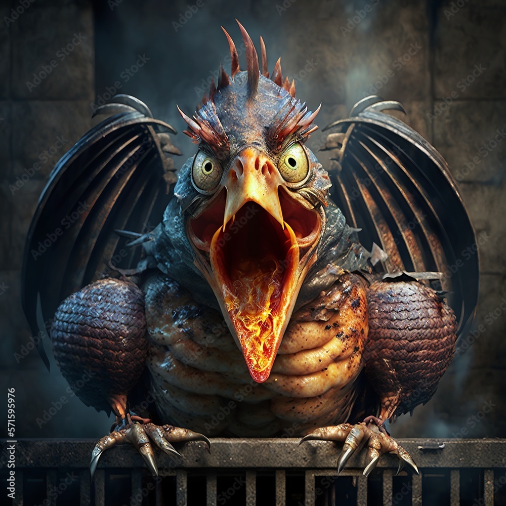 grilled chicken on the grill with scared eyes fantasy style fire oven