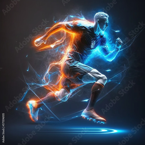 virtual cyber soccer player on holographic stadium