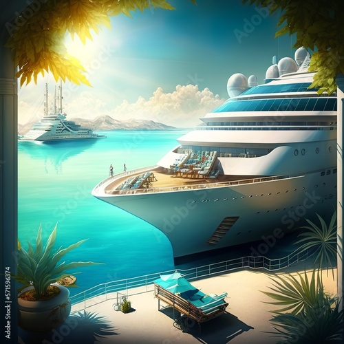 luxury cruise, holiday sunshine summer good weather hot beach pool port giant big white passenger ship in the sea blue water palm tree vacation travel ocean liner Generative AI