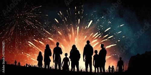 People in silhouette take in a fireworks display. Generative AI