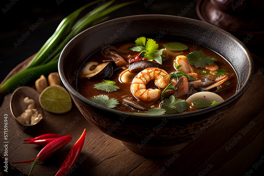 Tom Yum Kung, spicy prawn soup, Thai food, Generative AI Stock