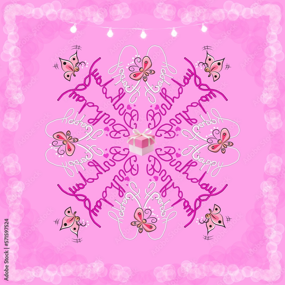 Girls Birthday Pink greeting cards with beautiful and lovely Fun hand drawn calligraphy seamless background with butterflies. Great for birthday parties, textiles, banners, wallpaper, stickers.