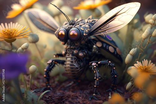 Close up of a robot dragon fly sitting on a flower in the outdoor. Generative AI © AJay