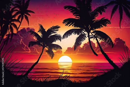 Stunning tropical sunset near the beach with palm trees. Generative AI
