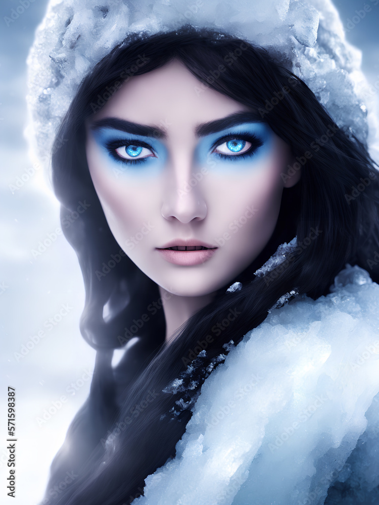 Fantasy ice power witch. A beautiful snow queen with magic eyes. Fairy tale ice queen. Ice queen with white hair. Ice sorceress in a dress. Generative AI.