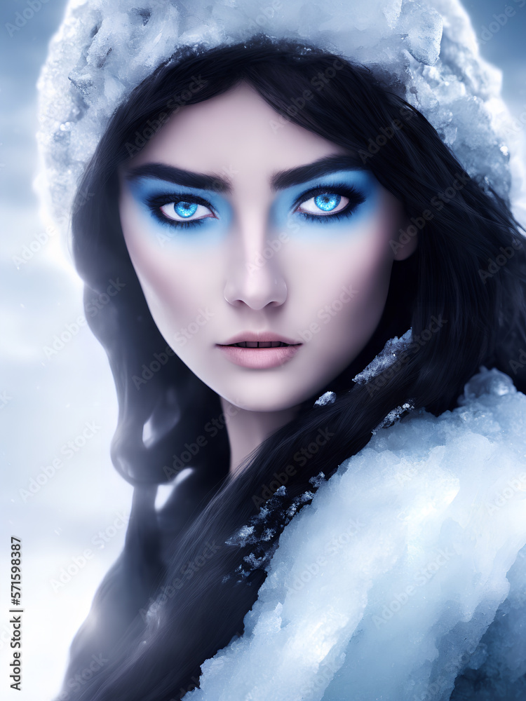 Fantasy ice power witch. A beautiful snow queen with magic eyes. Fairy tale ice queen. Ice queen