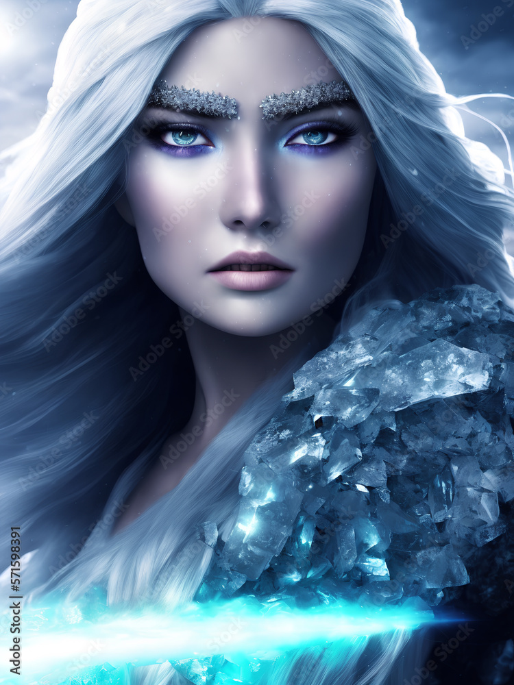 Fantasy ice power witch. A beautiful snow queen with magic eyes. Fairy tale ice queen. Ice queen