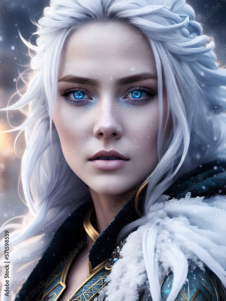A beautiful snow queen with magic eyes. Fairy tale ice queen. Ice queen with white hair. Ice sorceress in a dress. Fantasy ice power witch. Generative AI.